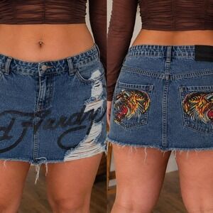 Ed Hardy Tiger Pocket Denim Mini Skirt XL Low Rise Y2K Revival